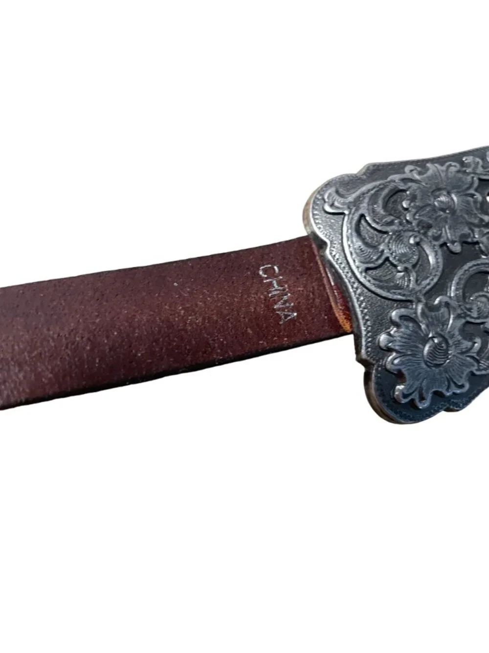 Italian Leather Western Belt Women L Engraved Buckle  Brown Distressed Floral